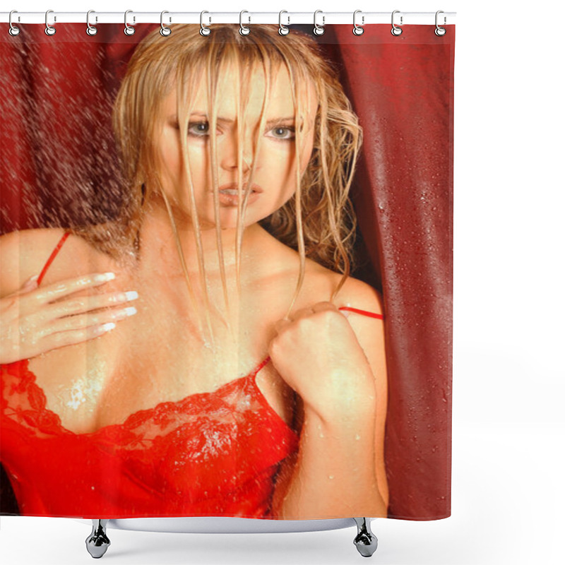 Personality  Wet Haired Blond - Red Slip - Surlty Blonde Shower Curtains