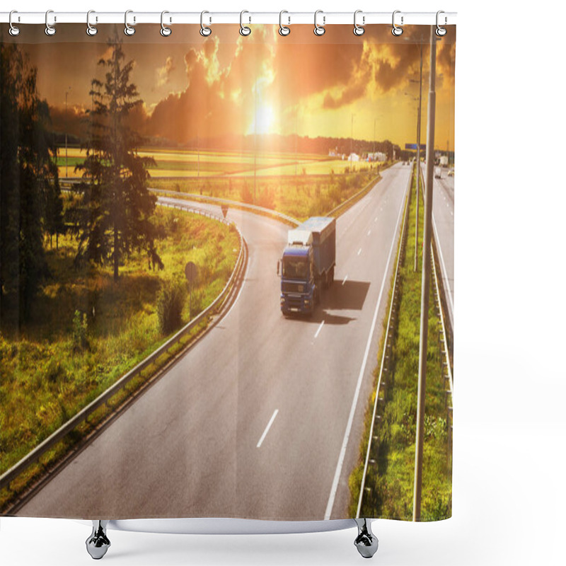 Personality  Blue Truck With Trailer On Countryside Road With Fields And Green Trees Against Sky With Sunset Shower Curtains