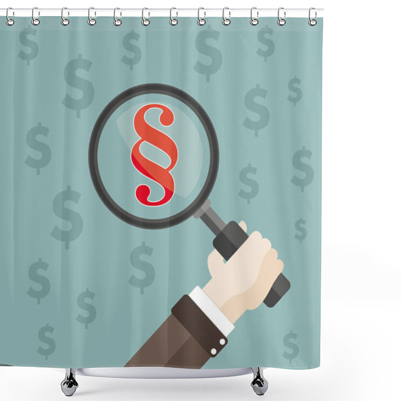 Personality  Human Hand With Loupe, Dollars And Paragraph. Eps 10 Vector File. Shower Curtains