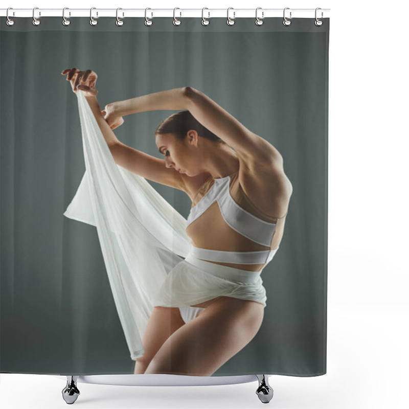 Personality  A Young Beautiful Ballerina In A White Dress Delicately Holds A Flowing White Scarf. Shower Curtains