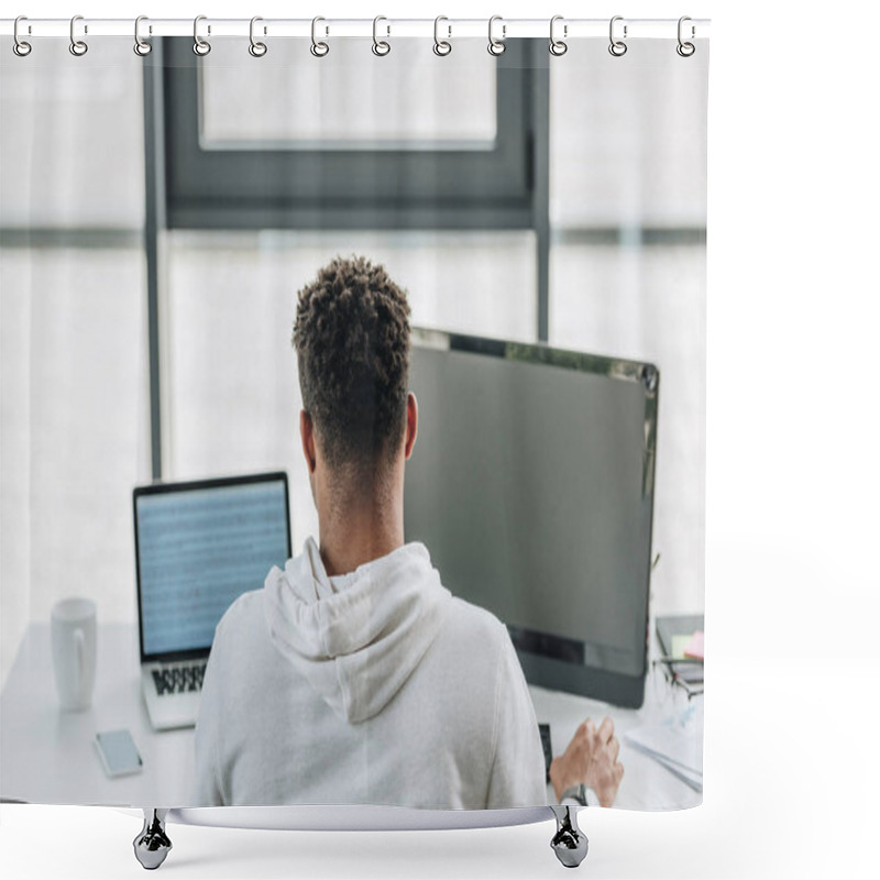 Personality  Back View Of African American Programmer Working On Computers In Office Shower Curtains