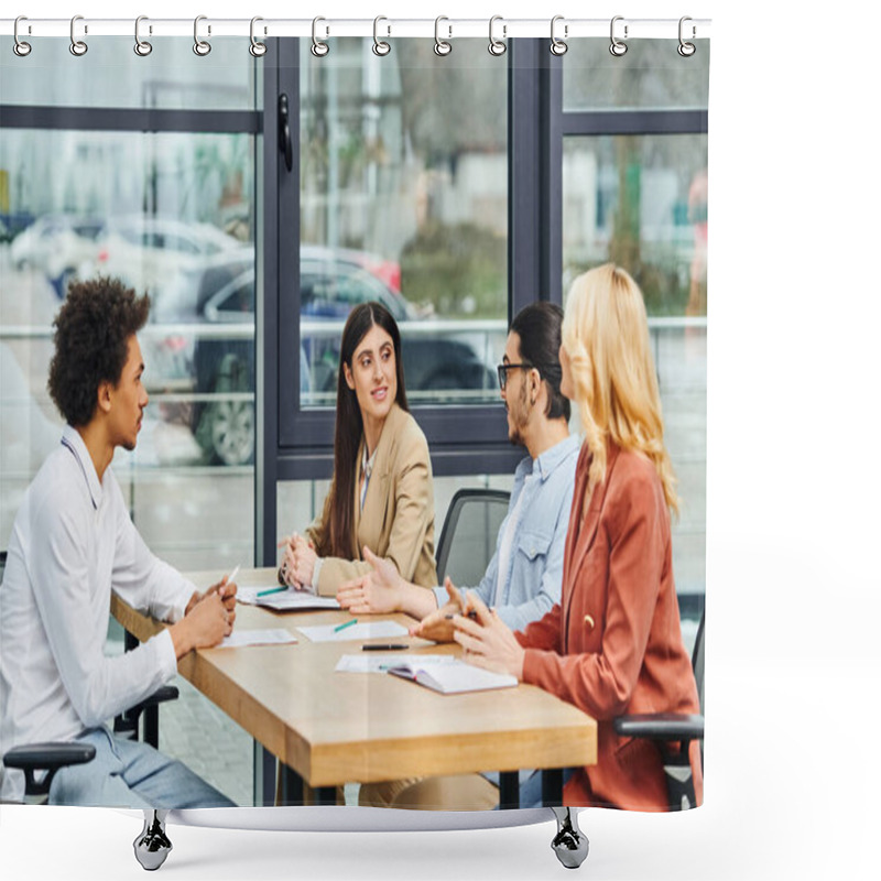 Personality  Job Seekers Actively Engaging In A Job Interview At An Office Table. Shower Curtains