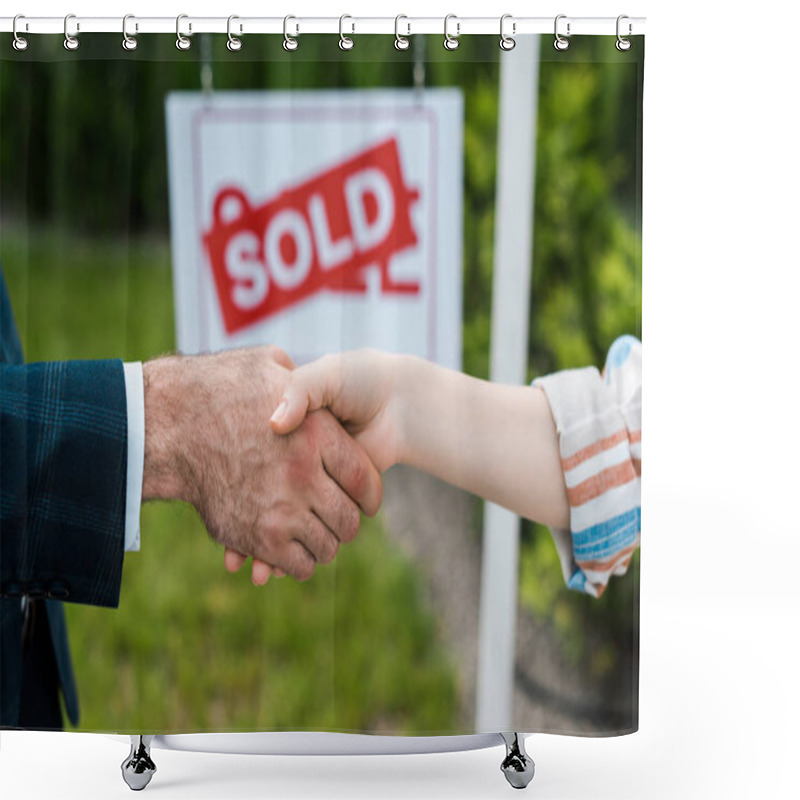 Personality  Cropped View Of Broker And Woman Shaking Hands Near Board With Sold Letters  Shower Curtains