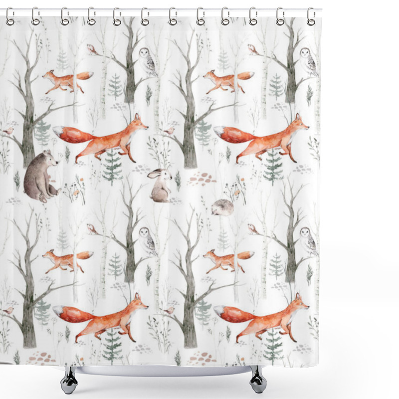 Personality  Watercolor Woodland Animals Seamless Pattern. Fabric Wallpaper Background With Owl, Hedgehog, Fox And Butterfly, Bunny Rabbit Set Of Forest Squirrel And Chipmunk, Bear And Bird Baby Animal, Scandinavian Nursery Shower Curtains