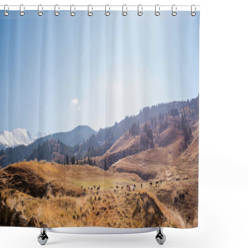 Personality  A Serene, Golden-hued Meadow Leading Up To Distant Snow-capped Mountains, With Evergreen Forests Adorning The Rolling Hills Under A Soft Blue Sky, Capturing The Essence Of A Tranquil Late Autumn Day Shower Curtains