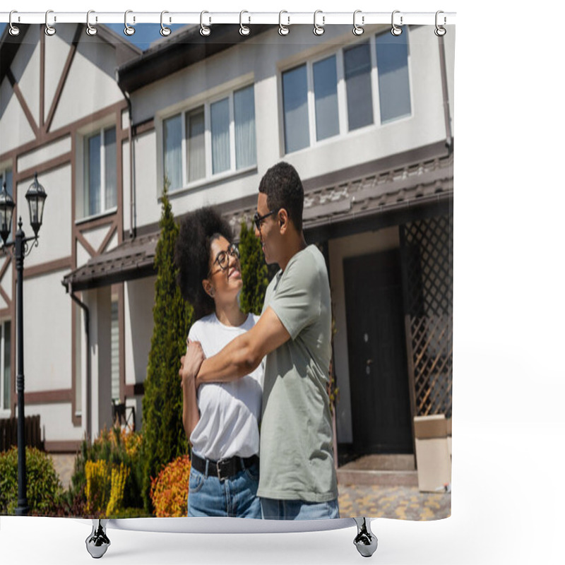 Personality  Cheerful African American Couple Hugging While Standing Near New House Outdoors Shower Curtains