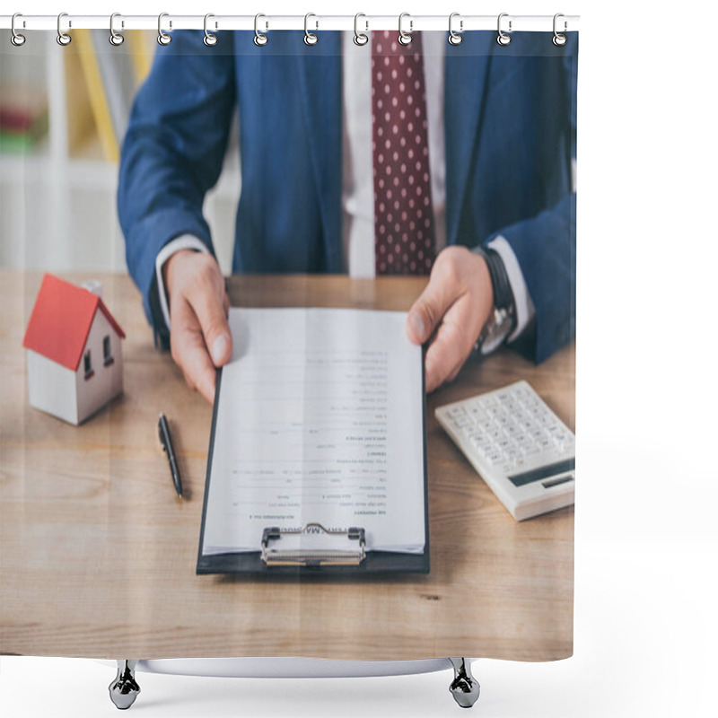 Personality  Cropped View Of Businessman Sitting At Wooden Desk Near Clipboard, Pen, Calculator And House Model Shower Curtains