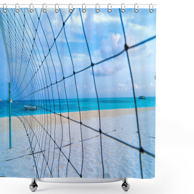 Personality  Volleyball Net On A Deserted Sandy Beach On The Tropical Sea. Shower Curtains