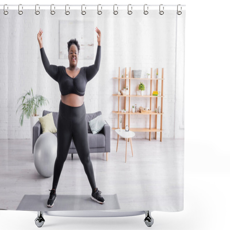 Personality  Full Length Of Cheerful African American Plus Size Woman In Sportswear Training On Fitness Mat  Shower Curtains