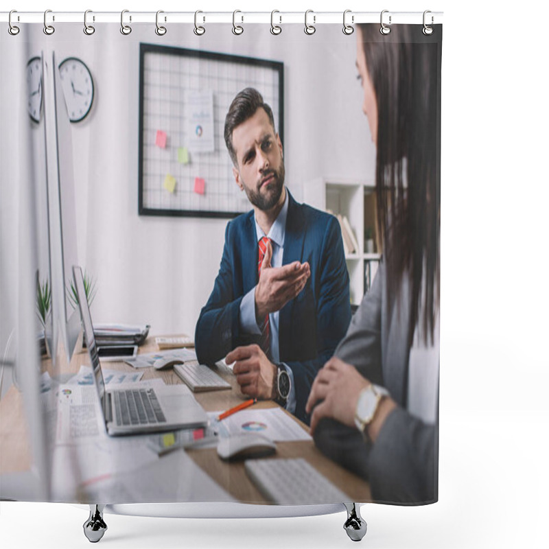 Personality  Selective Focus Of Data Analyst Working With Colleague Near Computers On Table Shower Curtains