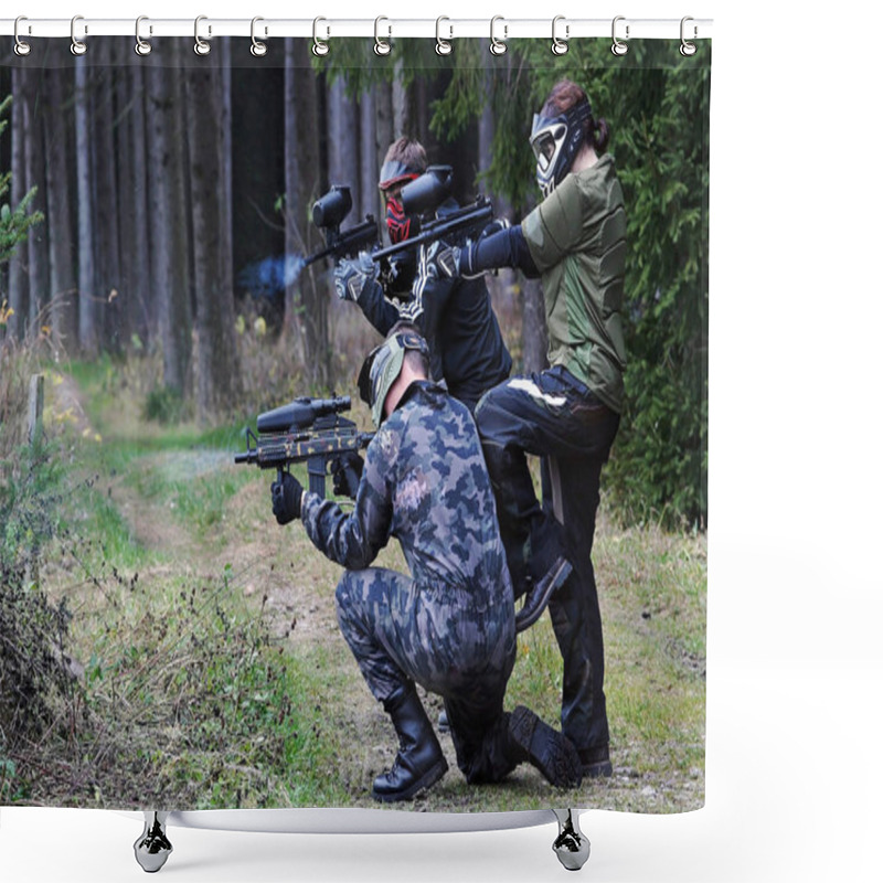 Personality  Three Young People Have Fun Playing Paintball Shower Curtains