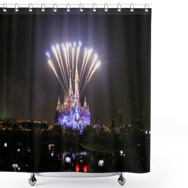 Personality  Fireworks Explode Over The Disney Castle During The First Anniversary Celebration Ceremony In The Shanghai Disneyland At The Shanghai Disney Resort In Pudong, Shanghai, China, 16 June 2017 Shower Curtains