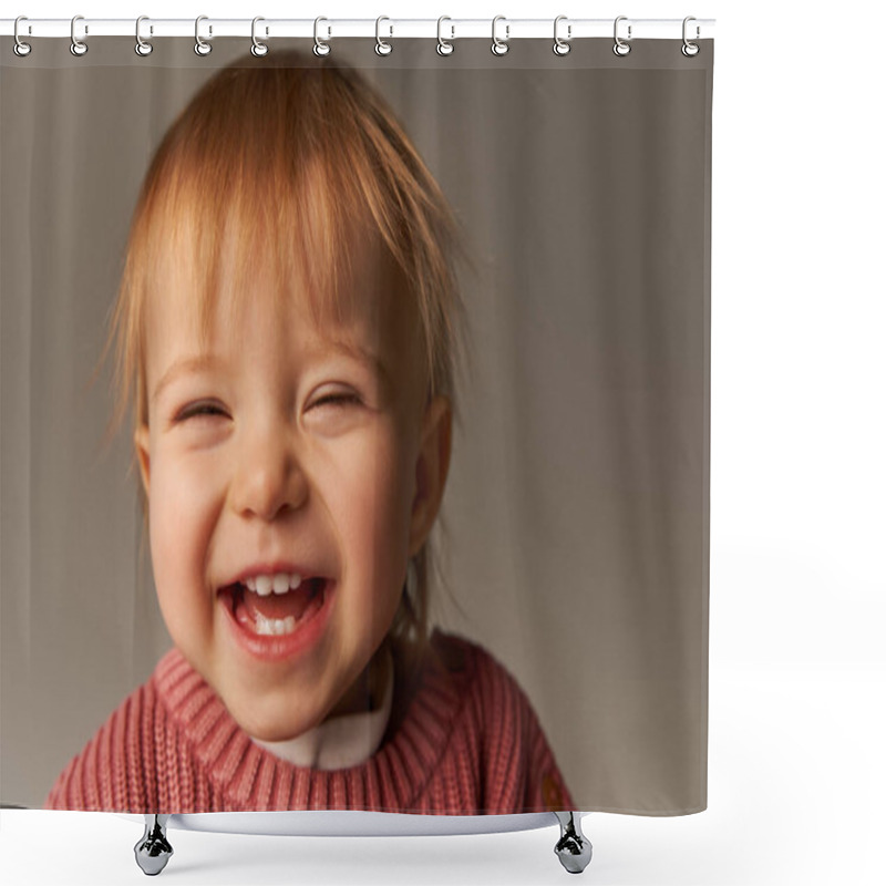 Personality  Portrait Of Cute Baby Girl, Joyful Toddler Child, Little Kid In Casual Attire Looking At Camera On Grey Background In Studio, Emotion, Innocence, Toddler Fashion, Stylish Outfit, Sweater, Happiness  Shower Curtains