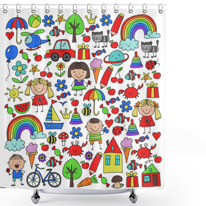 Personality  Kindergarten Pattern With Cute Children And Toys. Kids Drawing Style Illustration Shower Curtains