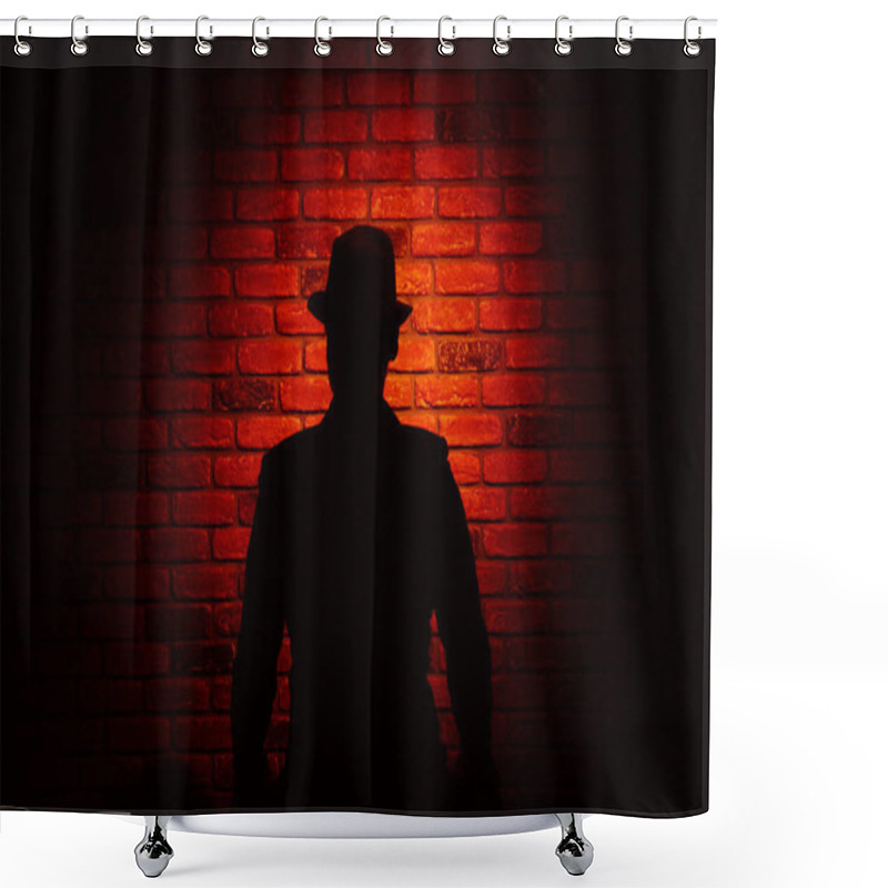 Personality  Silhouette Of A Man In A Hat On A Brick Background. Noir, Crime, Shower Curtains