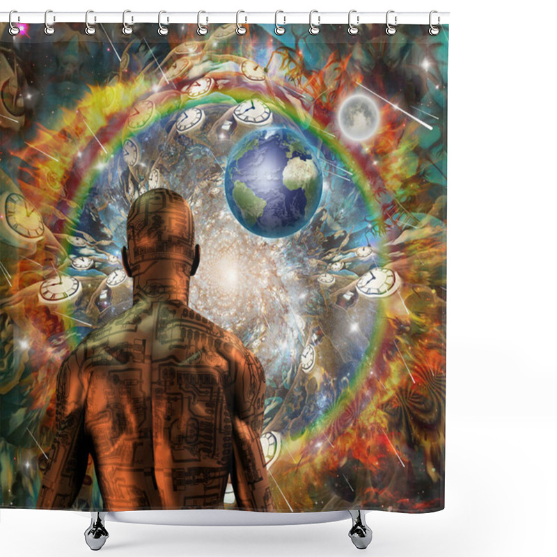 Personality  Droid In Surreal Scene. Earth And Winged Clocks Shower Curtains