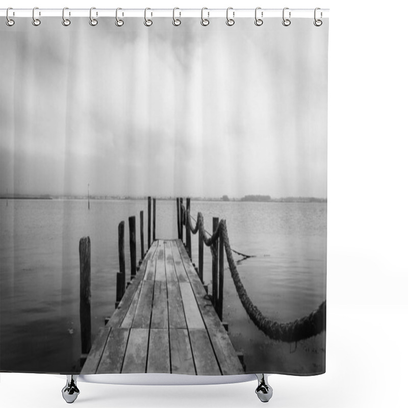 Personality  A Grayscale Of A Wooden Pier Looking At The Horizon Of The Sea Shower Curtains