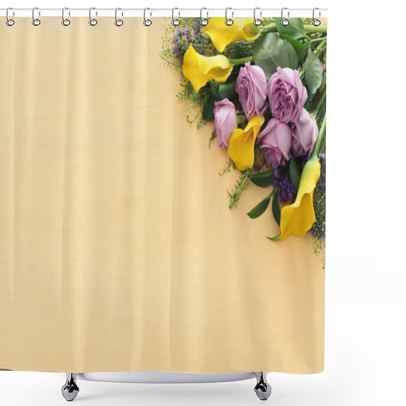 Personality  Summer Bouquet Of Pink Roses And Yellow Calla Lily Flowers Over Wooden Pastel Background. Top View, Flat Lay Shower Curtains