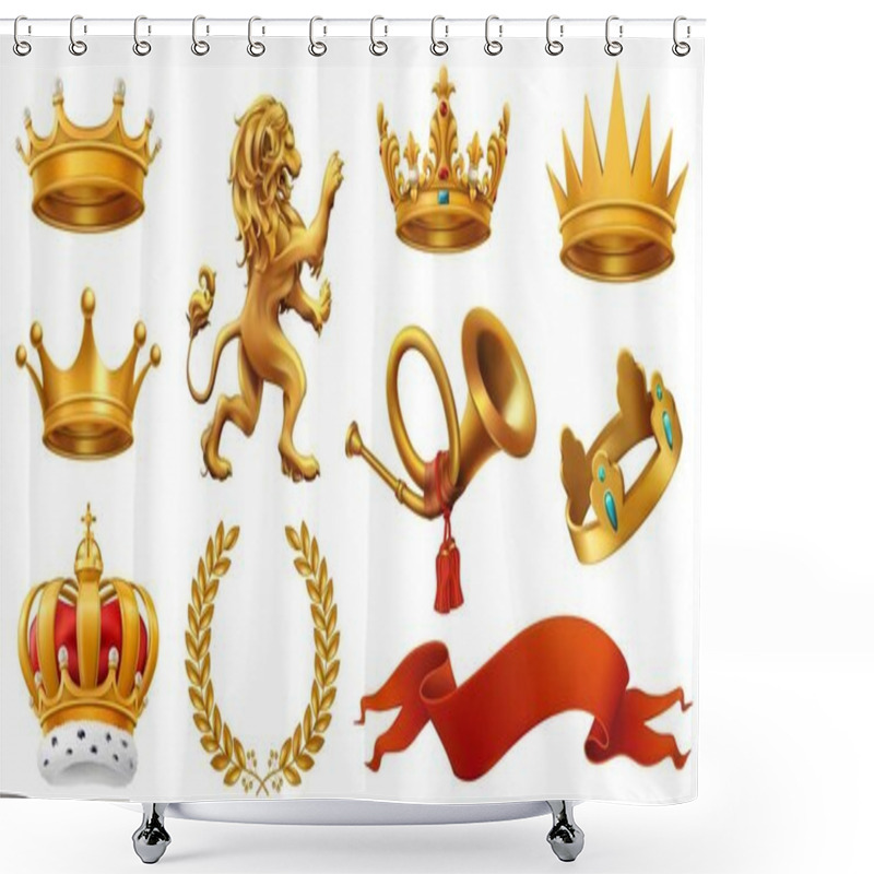 Personality  Gold Crown Of The King. Laurel Wreath, Trumpet, Lion, Ribbon. 3d Vector Icon Set Shower Curtains