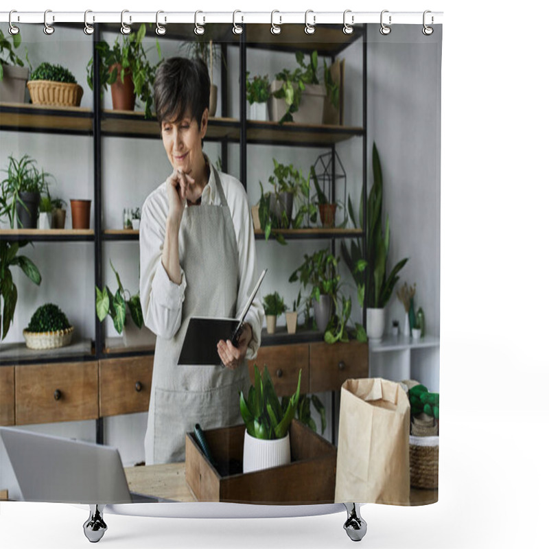 Personality  Woman In A Studio Nurturing Her Plants With Care And Attention. Shower Curtains