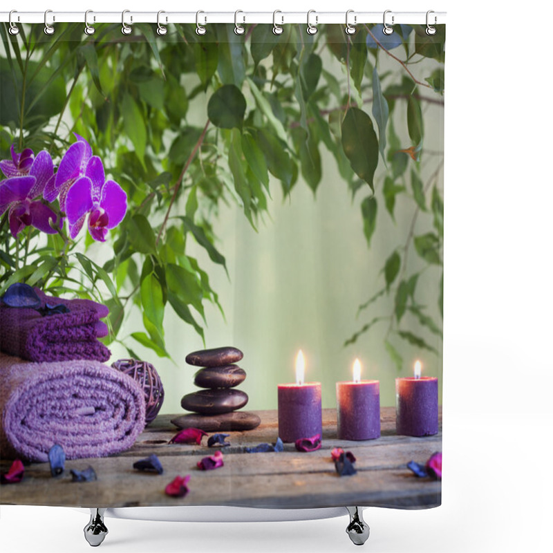 Personality  Spa Still Life With Zen Stones Aromatic Candles And Orchids Shower Curtains