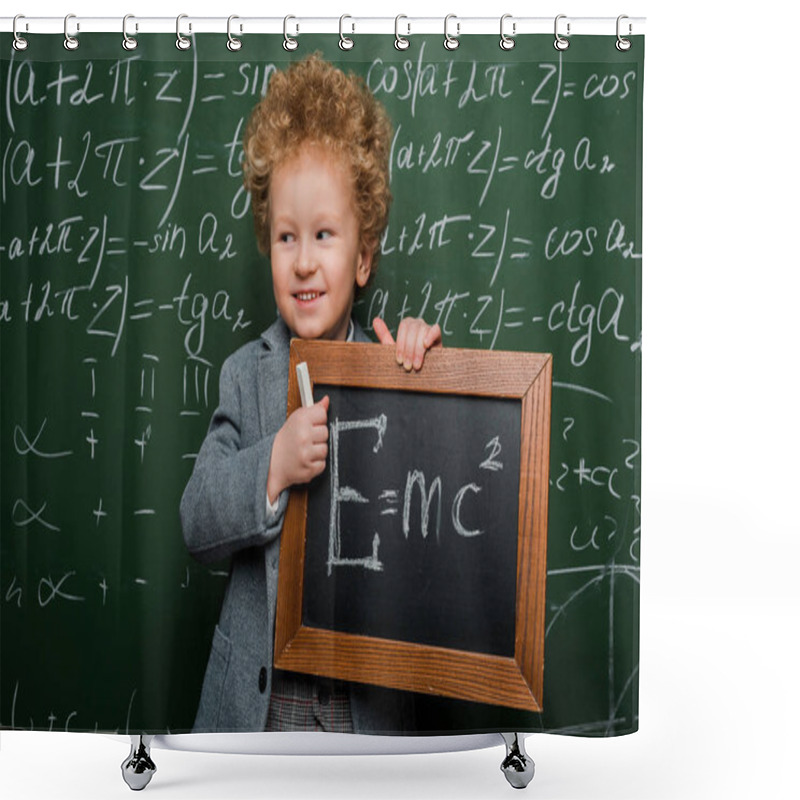 Personality  Cheerful Kid In Suit And Bow Tie Holding Small Blackboard With Formula Near Chalkboard  Shower Curtains