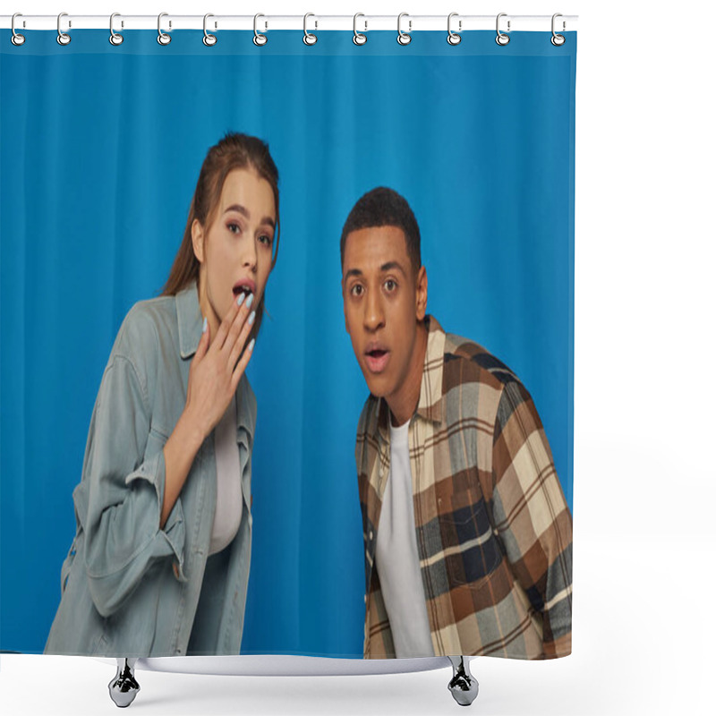 Personality  Shocked Multicultural Man And Woman With Open Mouth Looking At Camera On Blue Background, Diversity Shower Curtains