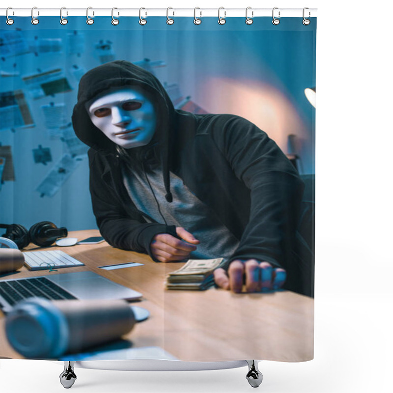 Personality  Hacker In Mask With Stack Of Money On Desk Shower Curtains