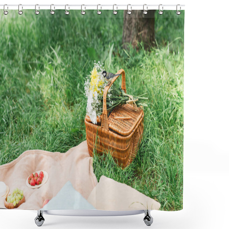 Personality  Tit Bird On Basket With Flowers Near Fruits On Blanket In Park  Shower Curtains