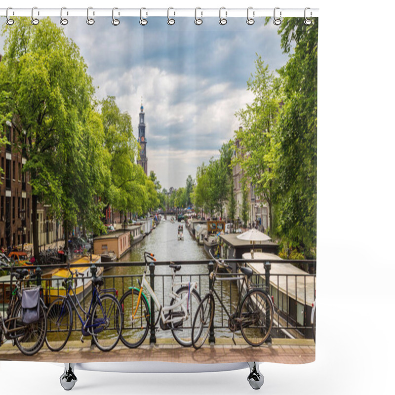 Personality  Bicycles On A Bridge Over The Canals Of Amsterdam Shower Curtains