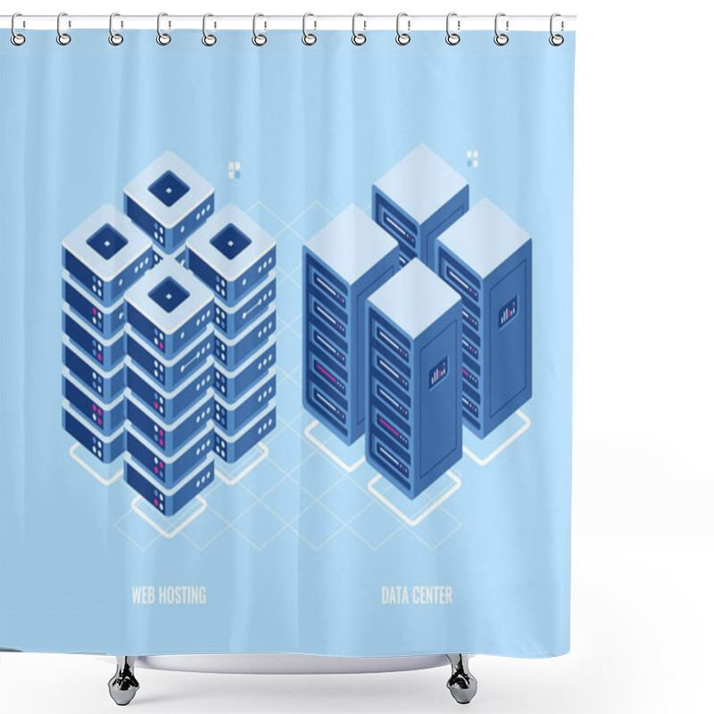 Personality  Web Hosting Server Rack Isometric Banner, Vector Illustration Shower Curtains