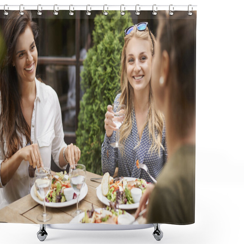 Personality  Girls Spending Time In Cafe Shower Curtains