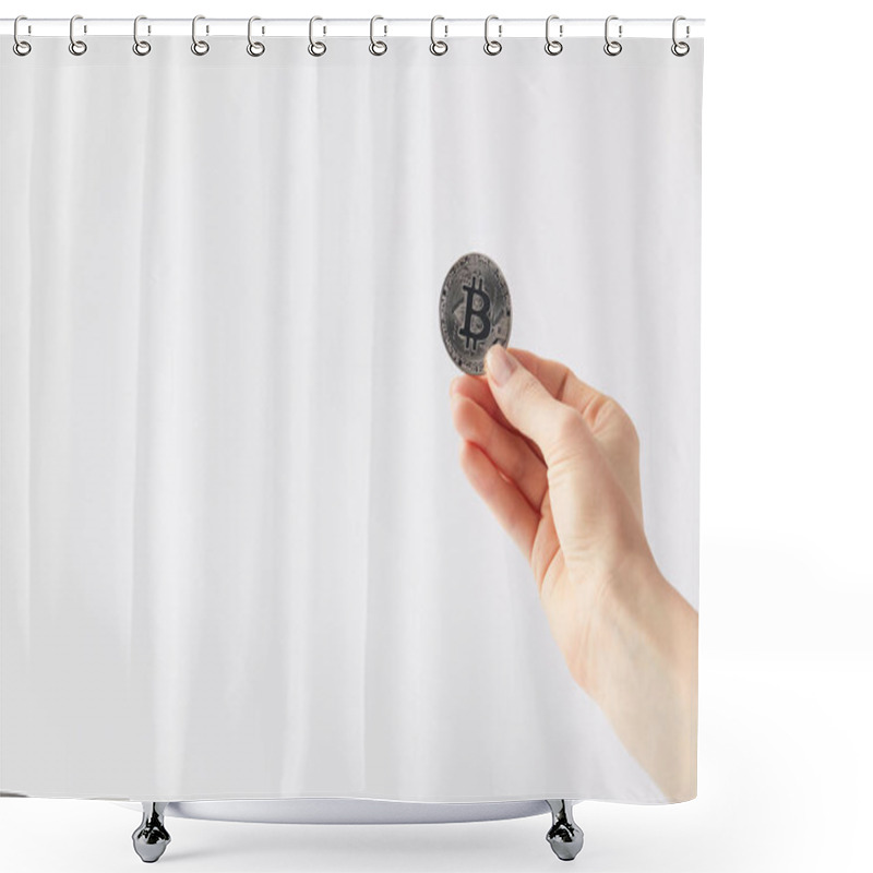 Personality  Cropped Shot Of Woman Holding Bitcoin Isolated On White Shower Curtains