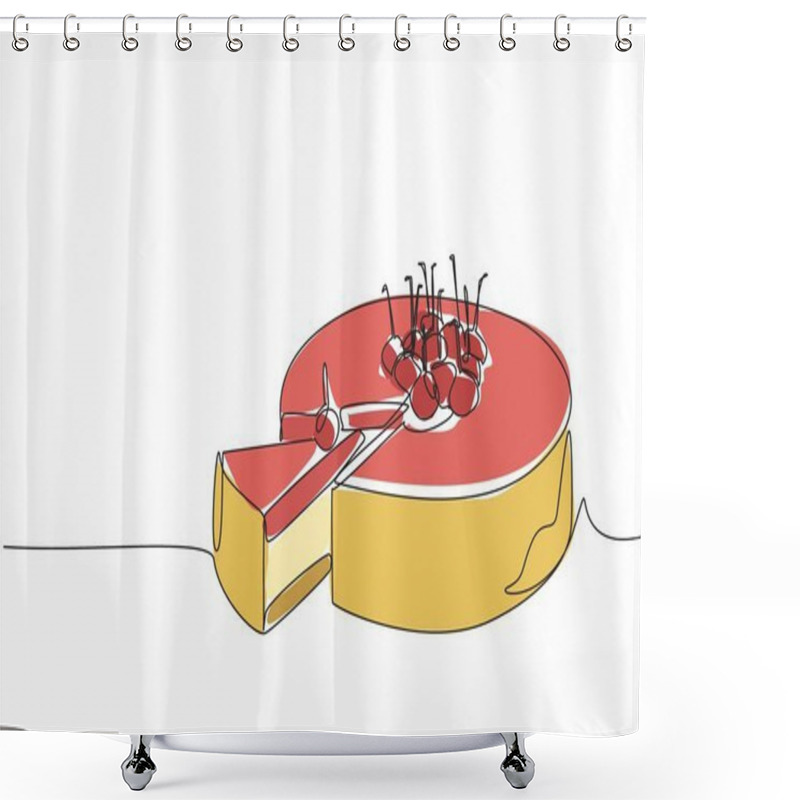 Personality  Single Continuous Line Drawing Delicious Cherry Cheesecake Slice. Served For Celebration. Enjoy Deliciousness Of The Cake Together. National Cherry Cheesecake Day. One Line Design Vector Illustration Shower Curtains