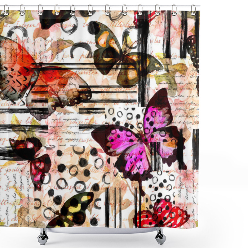 Personality  Watercolor Butterflies Seamless Pattern. Insects, Hand Written Text In Abstract Texture. Aquarelle Red Winged Moth Repeated Background Shower Curtains