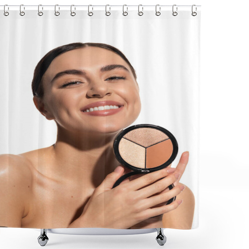 Personality  Positive Young Woman With Bare Shoulders Holding Bronzer And Highlighter Palette Isolated On White  Shower Curtains