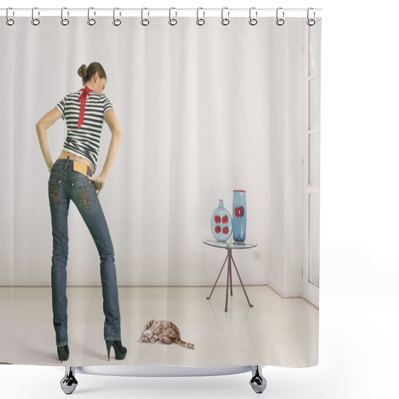 Personality  Woman And Cat Shower Curtains