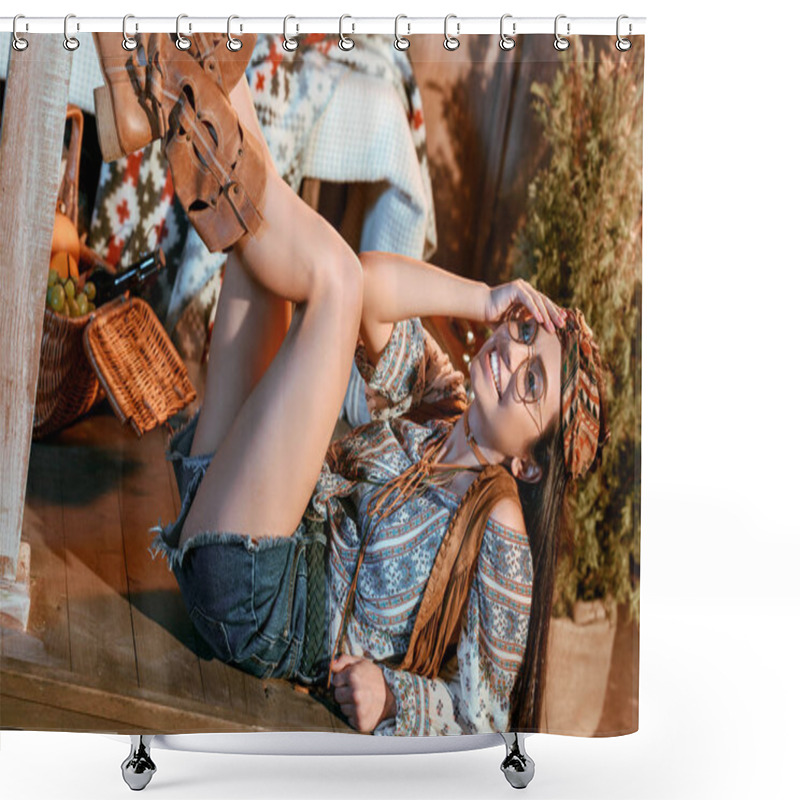 Personality  Girl In Boho Style Lying On Floor Shower Curtains