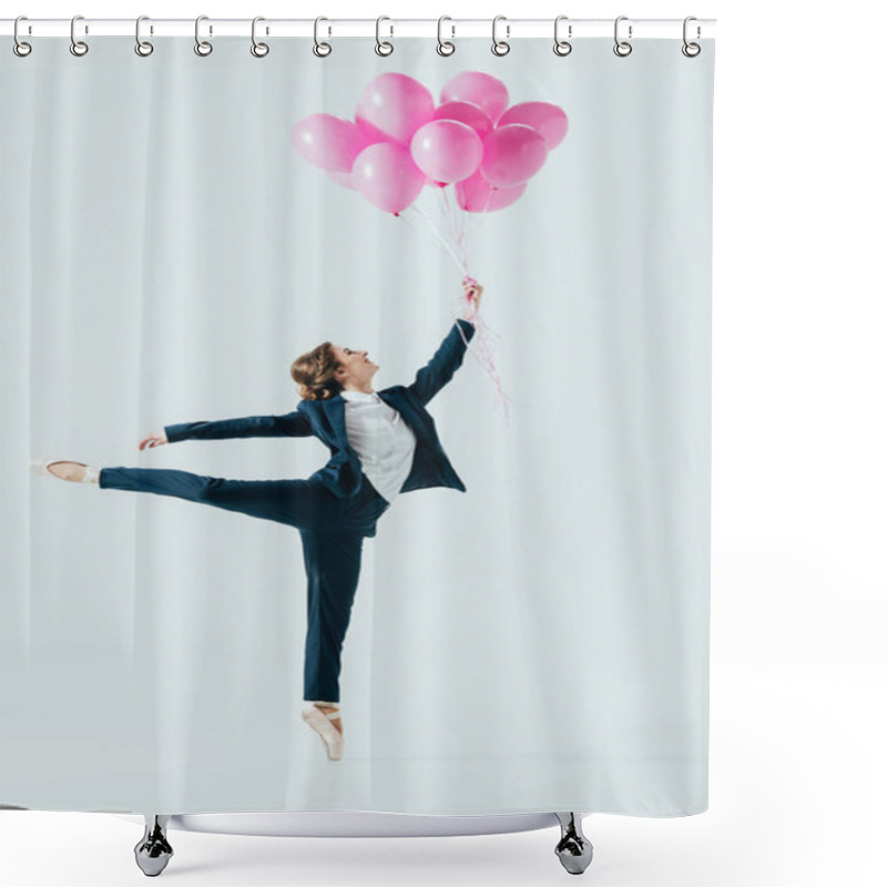 Personality  Businesswoman In Suit And Ballet Shoes Holding Pink Balloons, Isolated On Grey Shower Curtains