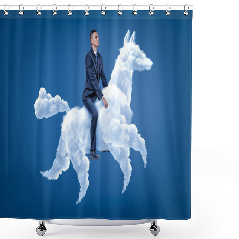 Personality  Young Businessman Riding White Cloud Horse On Blue Background Shower Curtains