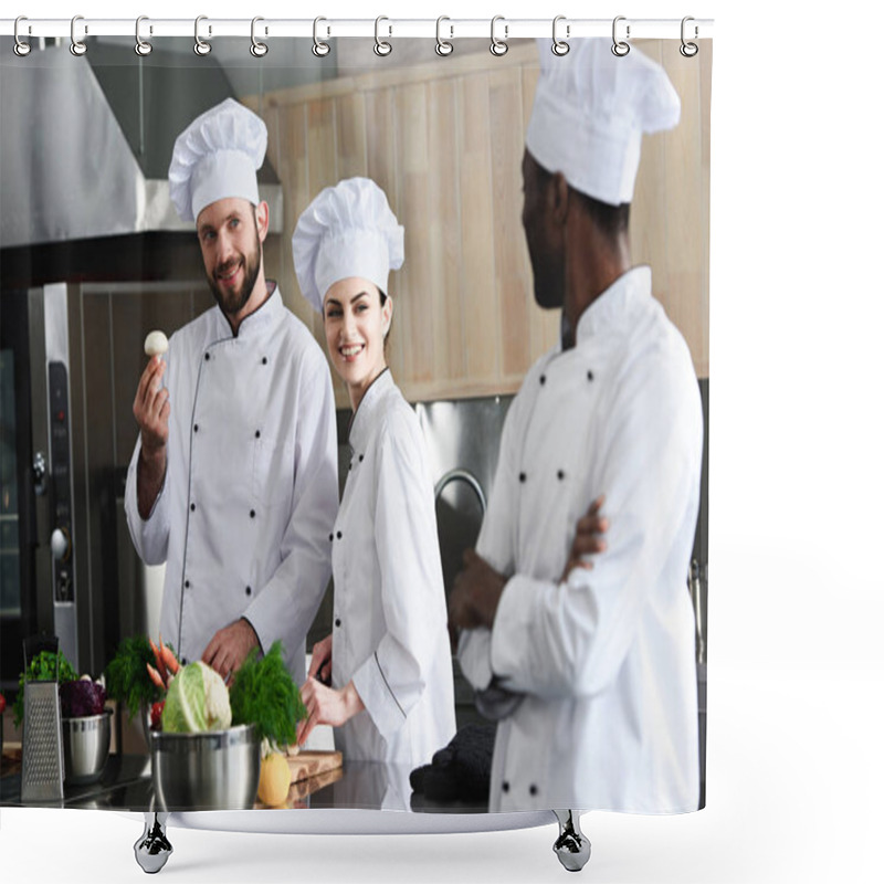 Personality  Multiracial Team Of Cooks Choosing Cooking Ingredients On Modern Kitchen Shower Curtains