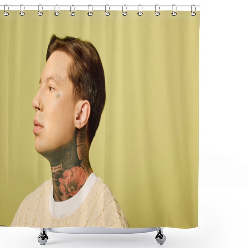 Personality  A Young Man With Distinctive Tattoos Showcases His Profile Against A Soothing Green Wall. Shower Curtains