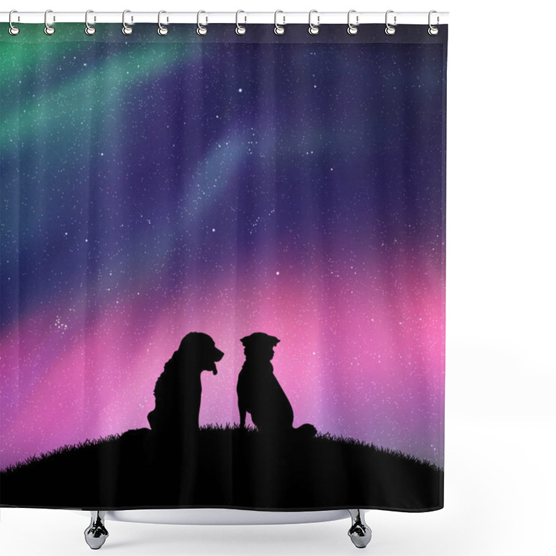 Personality  Vector Illustration With Silhouettes Of Two Animals Sitting On Hill. Northern Lights In Starry Sky. Colorful Aurora Borealis Shower Curtains