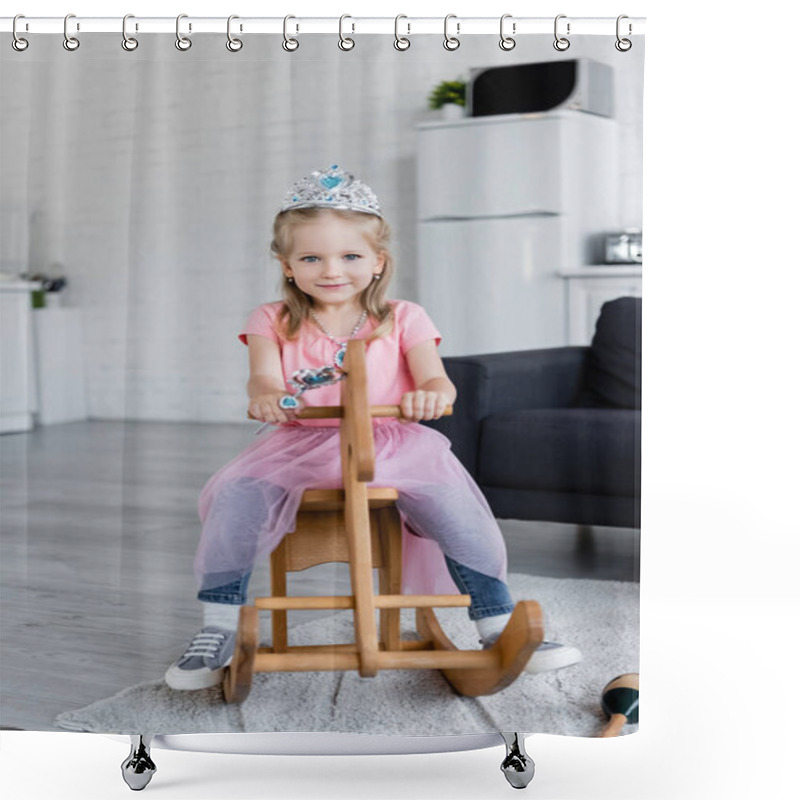 Personality  Smiling Girl In Toy Crown Riding Rocking Horse While Looking At Camera Shower Curtains