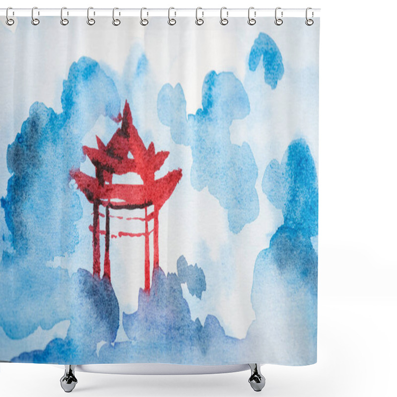 Personality  Japanese Painting With Temple And Blue Clouds Shower Curtains