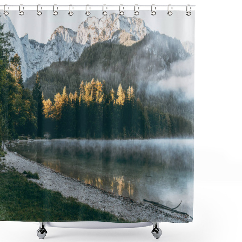 Personality  A Majestic Mountain Landscape In The Austrian Alps. Misty Morning Over Langbathseen Lake. Shower Curtains