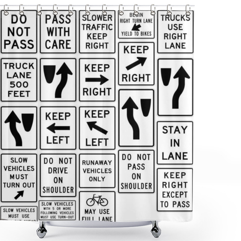 Personality  Comprehensive Set Of Passing, Lane Use, And Traffic Control Signs: Do Not Pass, Keep Right, Slow Vehicles, And Bike Lane Guidance For Road Safety. Road Signs In The United States. Shower Curtains