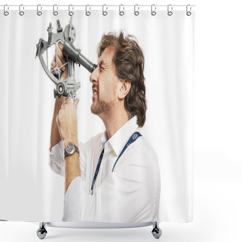 Personality  Lovely Smiling Captain With A Sextant. White Background.  Shower Curtains