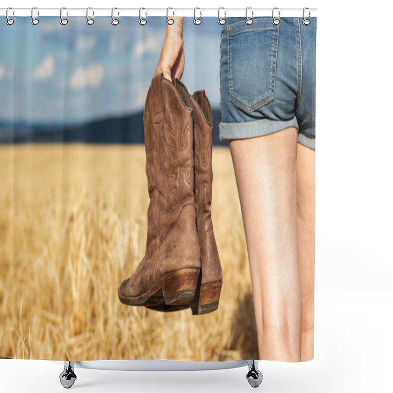 Personality  Woman Holding Cowboy Boots In Field. Cowgirl Walking In Countryside. Worn Leather Riding Boot Shower Curtains