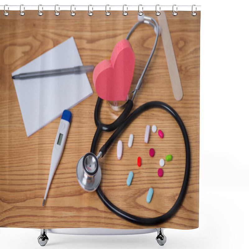 Personality  Stethoscope And Tablets, Heart In The Middle, Prescription, Tablet Pen, And Thermometer Photo For Heart Disease. Dr  Appointment Shower Curtains